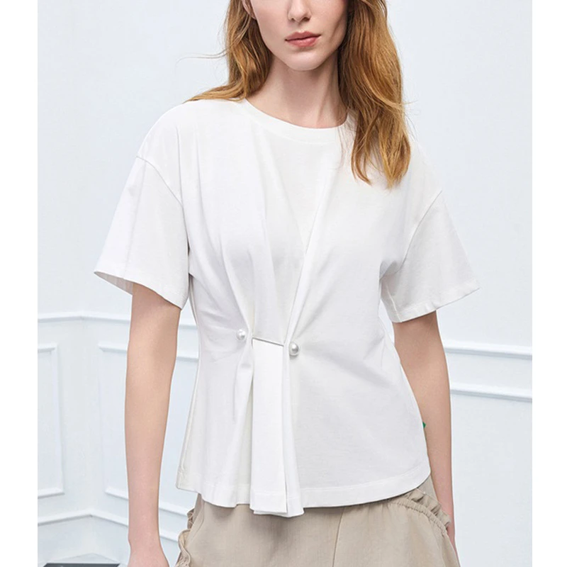 【TP定单】女装2025早春新品珍珠别针解构设计感收腰短袖纯棉T恤