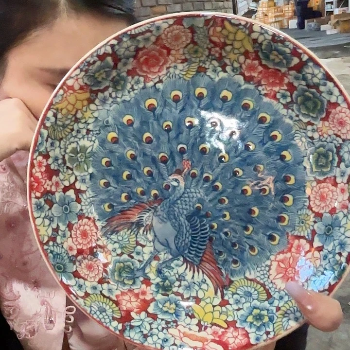 摆件景德镇高温陶瓷孔雀开屏茶盘黄希希