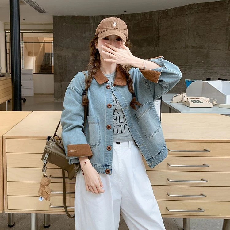 撞色翻领牛仔外套女2025春季新款港风复古休闲小个子短款夹克上衣