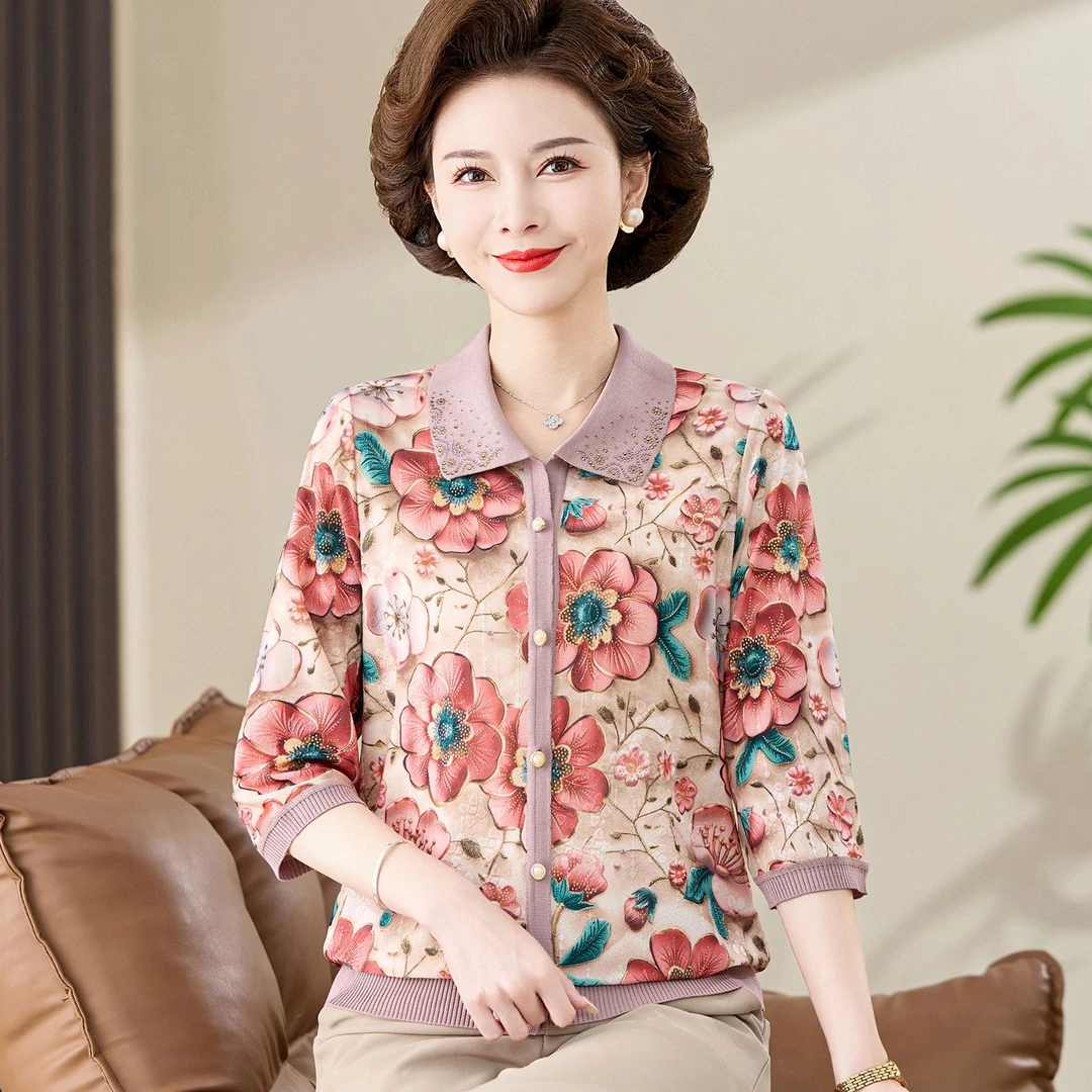 妈妈装春装T恤七分袖洋气开衫中老年女母亲衣服翻领碎花上衣薄款