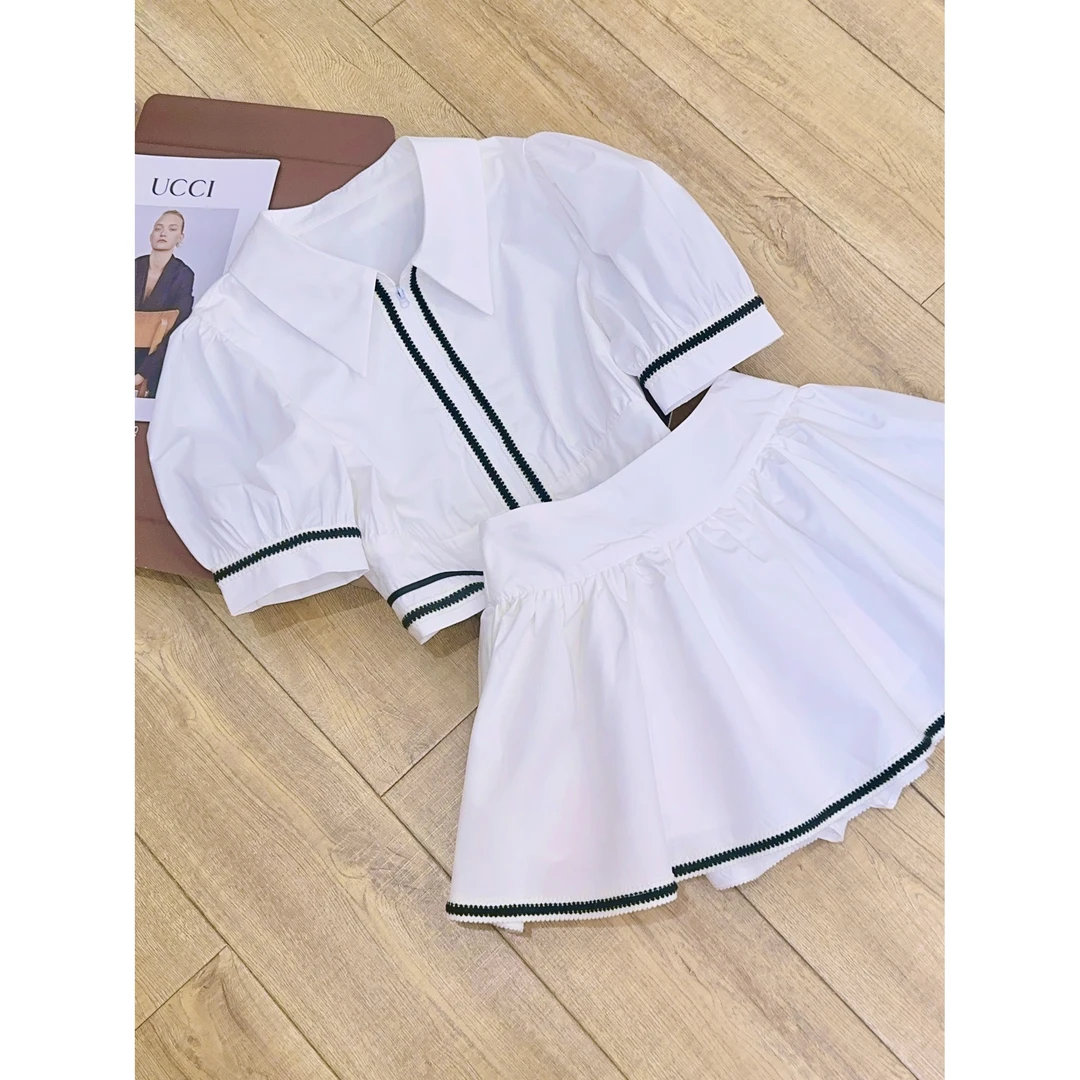 丨夏季新款白色学院风黑白条纹拼接短袖衬衫百褶裙套装 0765