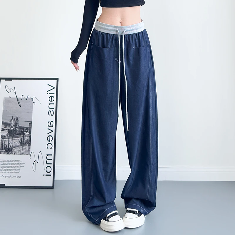 胖mm天丝垂感牛仔裤女大码秋季新款高腰抽绳拼接休闲裤显瘦阔腿裤