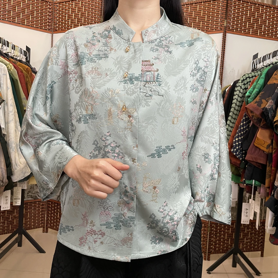 8-407 新款中式国风妈妈装时尚洋气压花显瘦休闲外套