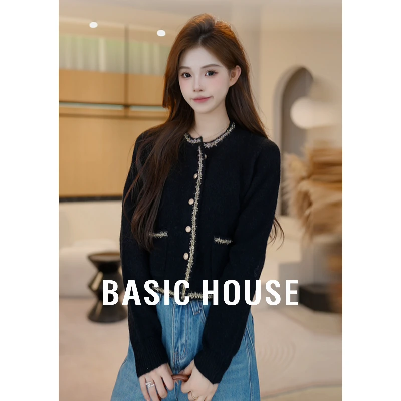 Basic House/百家好法式小香风镶边圆领针织衫女秋季新款气质上衣
