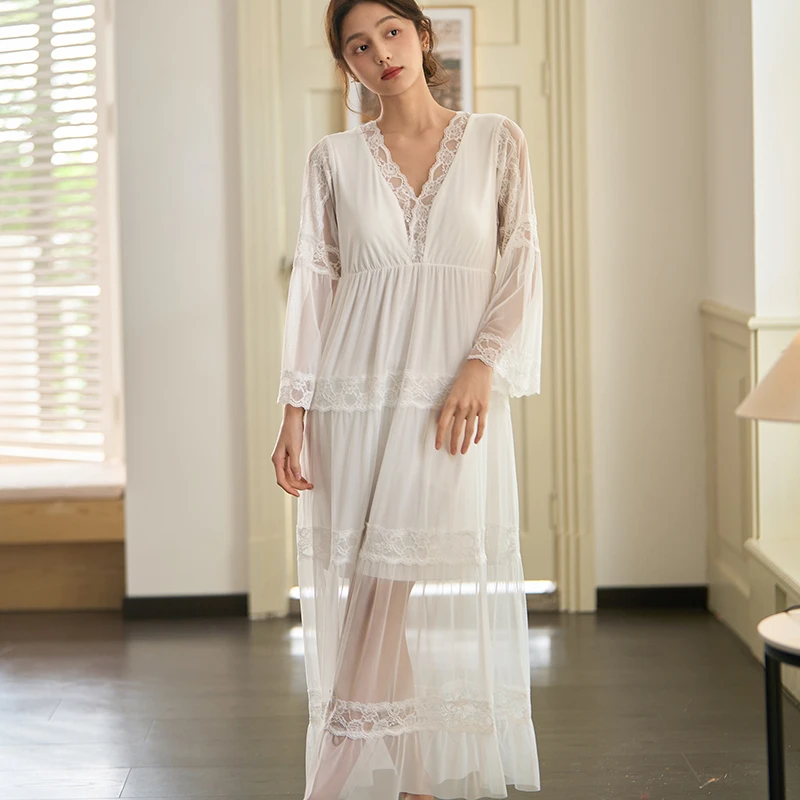 苏雅婷法式公主风长款睡裙薄款网纱带胸垫宫廷风舒适莫代尔家居服