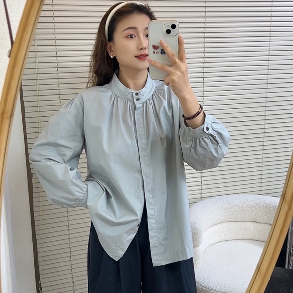 简约立领单排扣衬衫女春秋新款宽松显瘦气质衬衣日系纯棉长袖上衣