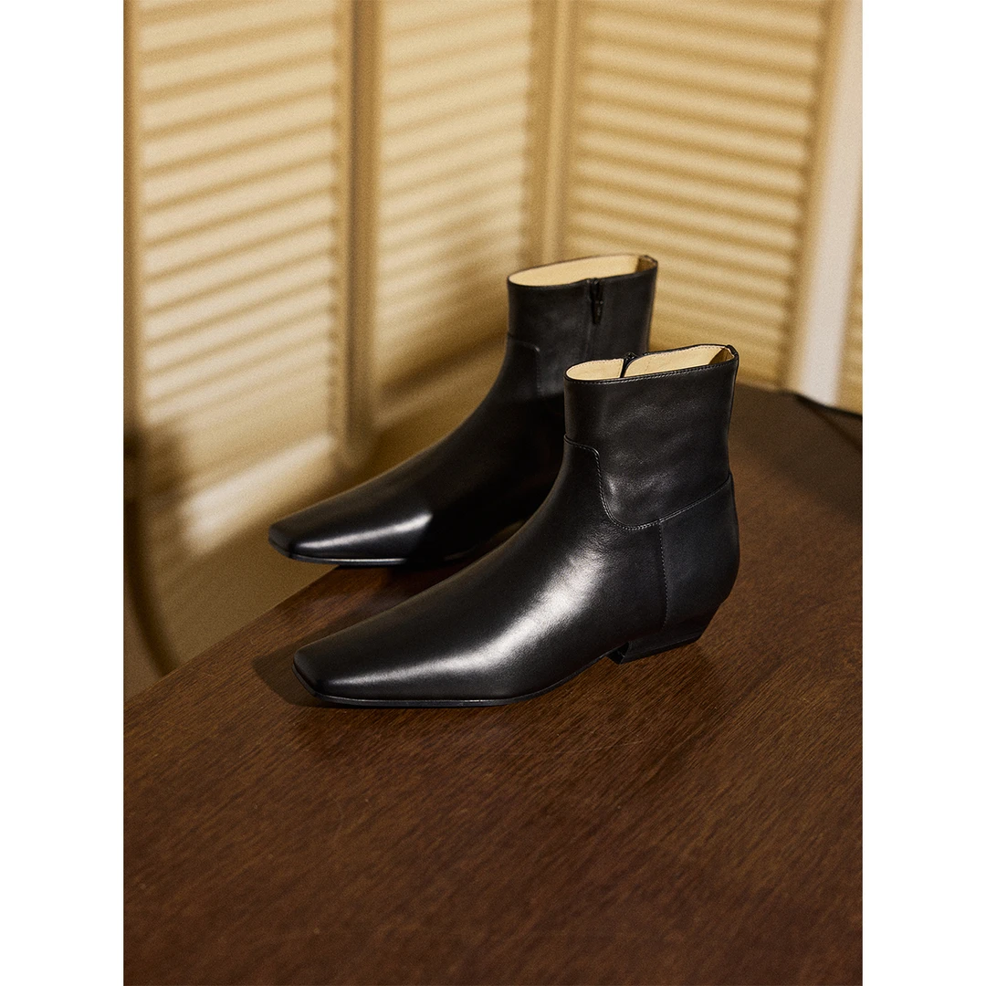 开间/时髦精英 进口头层牛羊皮侧拉链粗低跟切尔西方头靴