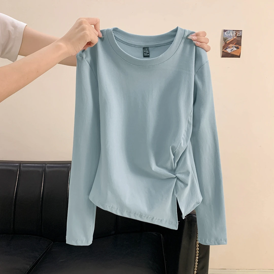 春秋季新款长袖内搭T恤女圆领不规则抽褶下摆开叉显瘦打底衫上衣