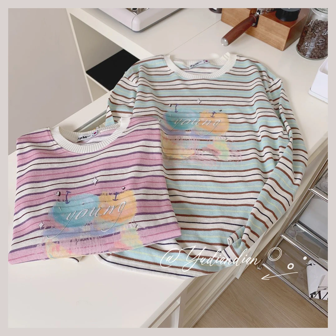 夏秋季显瘦防晒慵懒风t宽松卡通T恤ins刺绣可爱风圆领长袖条纹