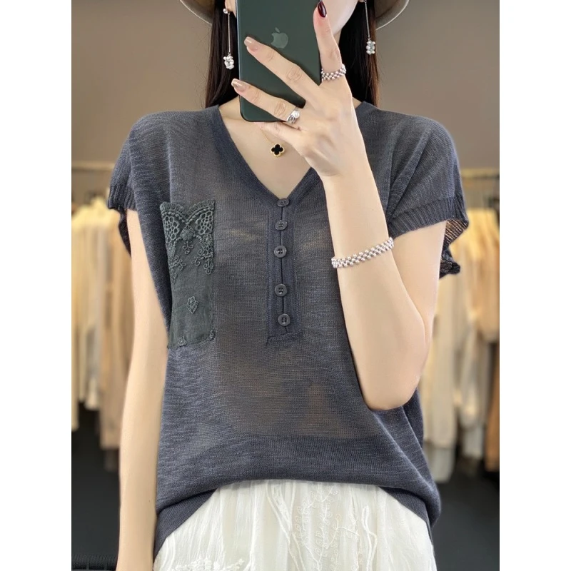 自带清凉感~女士V领包肩袖竹节麻短袖T恤衫