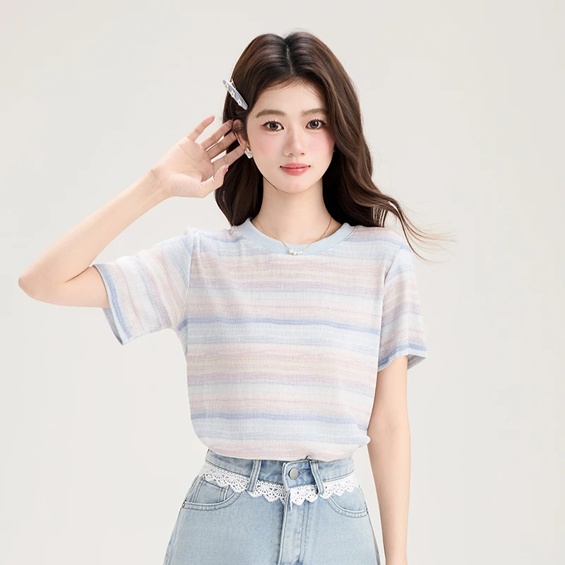 【粉丝专属】TU25896小清新圆领条纹T恤女设计感小众百搭短袖上衣