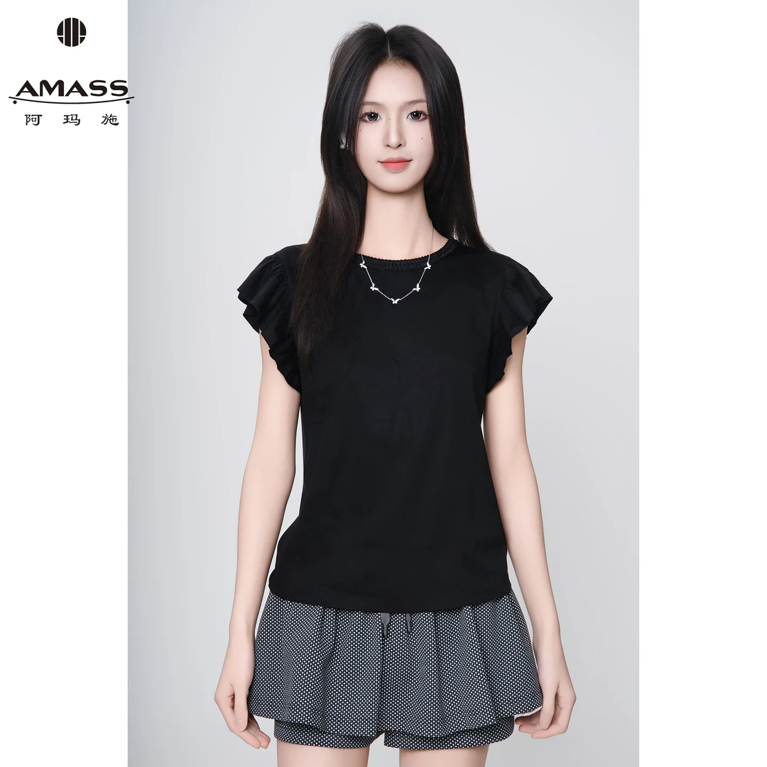 AMASS/阿玛施春夏新款时尚休闲百搭圆领设计感荷叶袖T恤女 530047