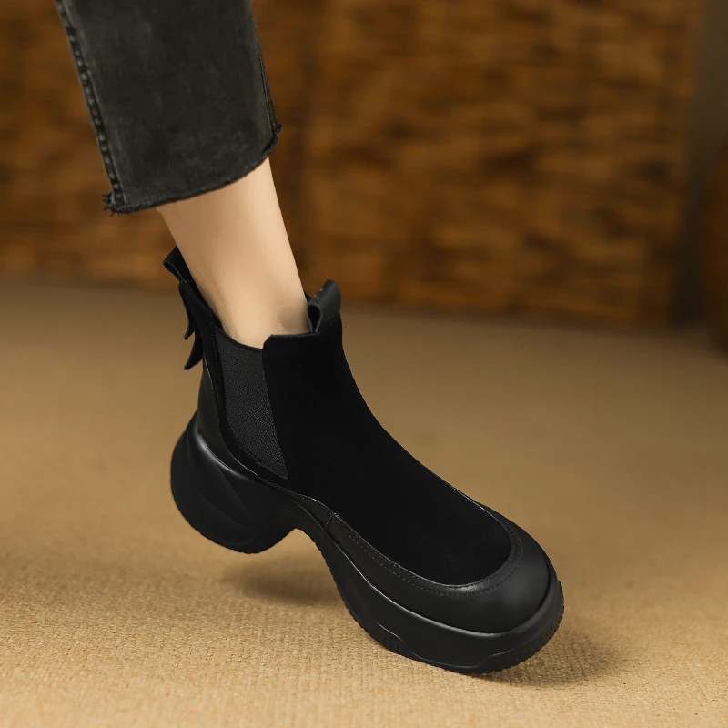 轻便防滑8cm松糕厚底切尔西靴2025新款磨砂皮坡跟短靴女春秋单靴