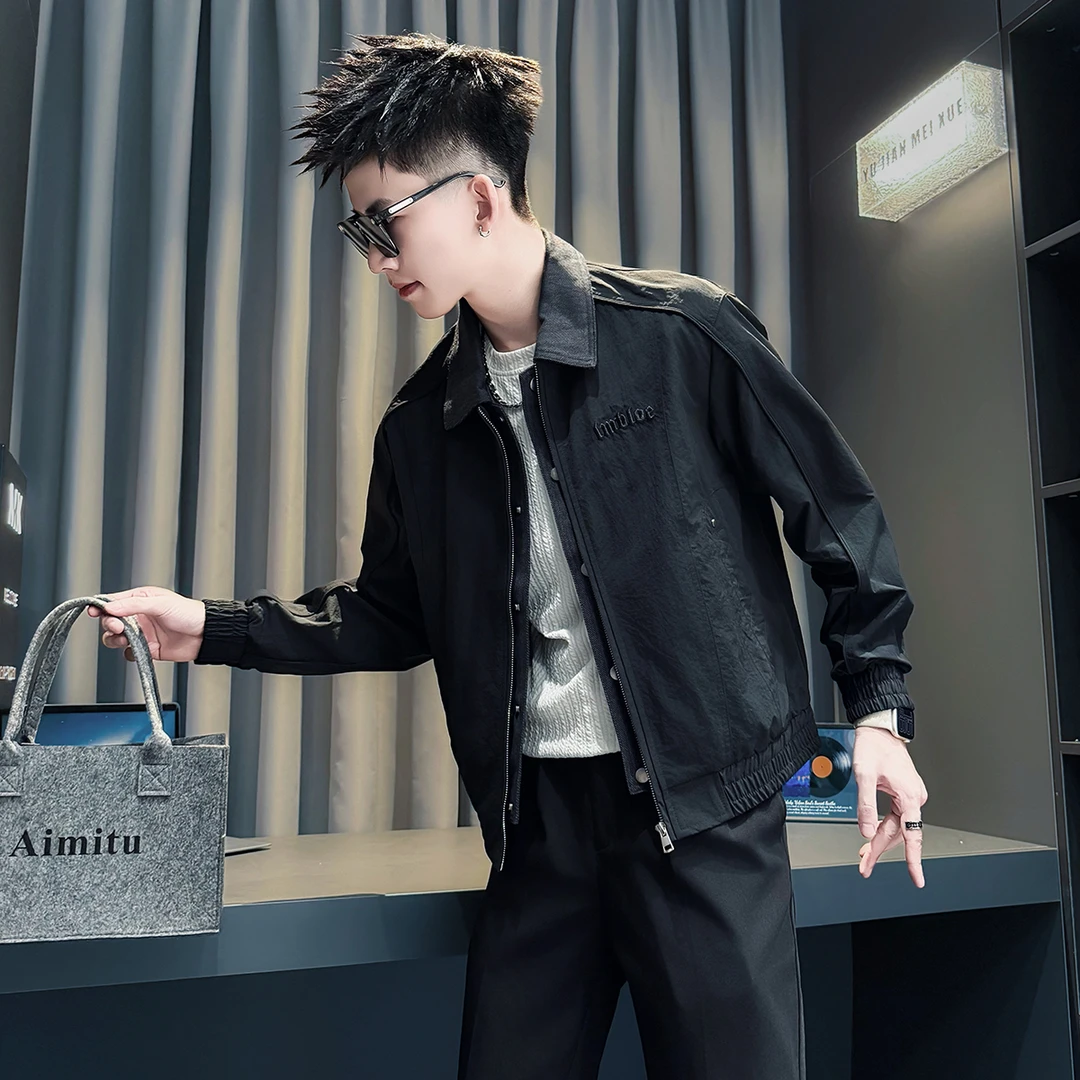 春秋季男士刺绣假两件休闲外套2025新款男装潮流翻领夹克男款上衣