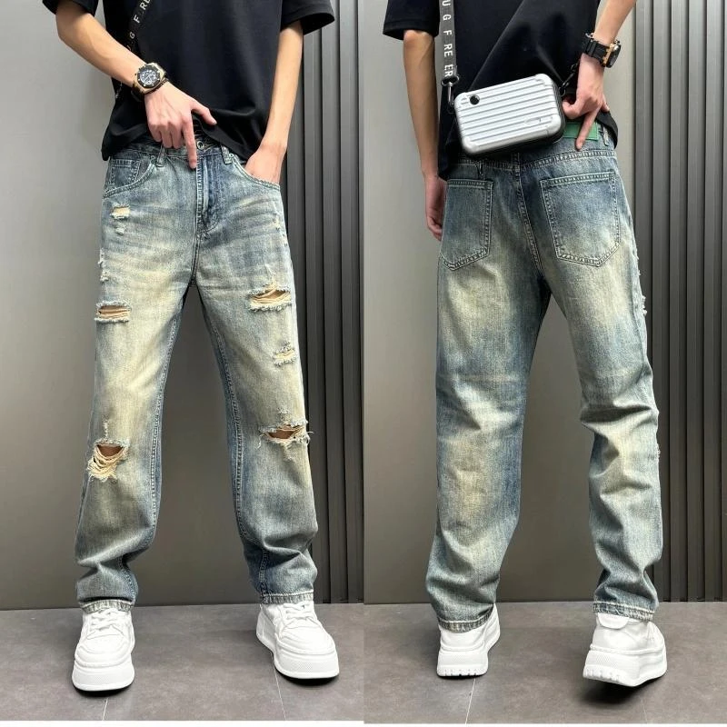 2025男立体剪裁牛仔裤长裤做旧裤子百搭休闲宽松直筒个性破洞欧美