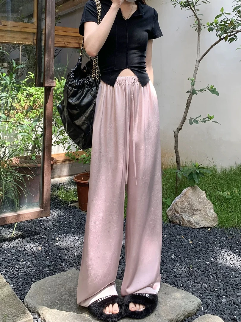 莉姐推荐：919夏季醋酸缎面阔腿裤女高腰垂感