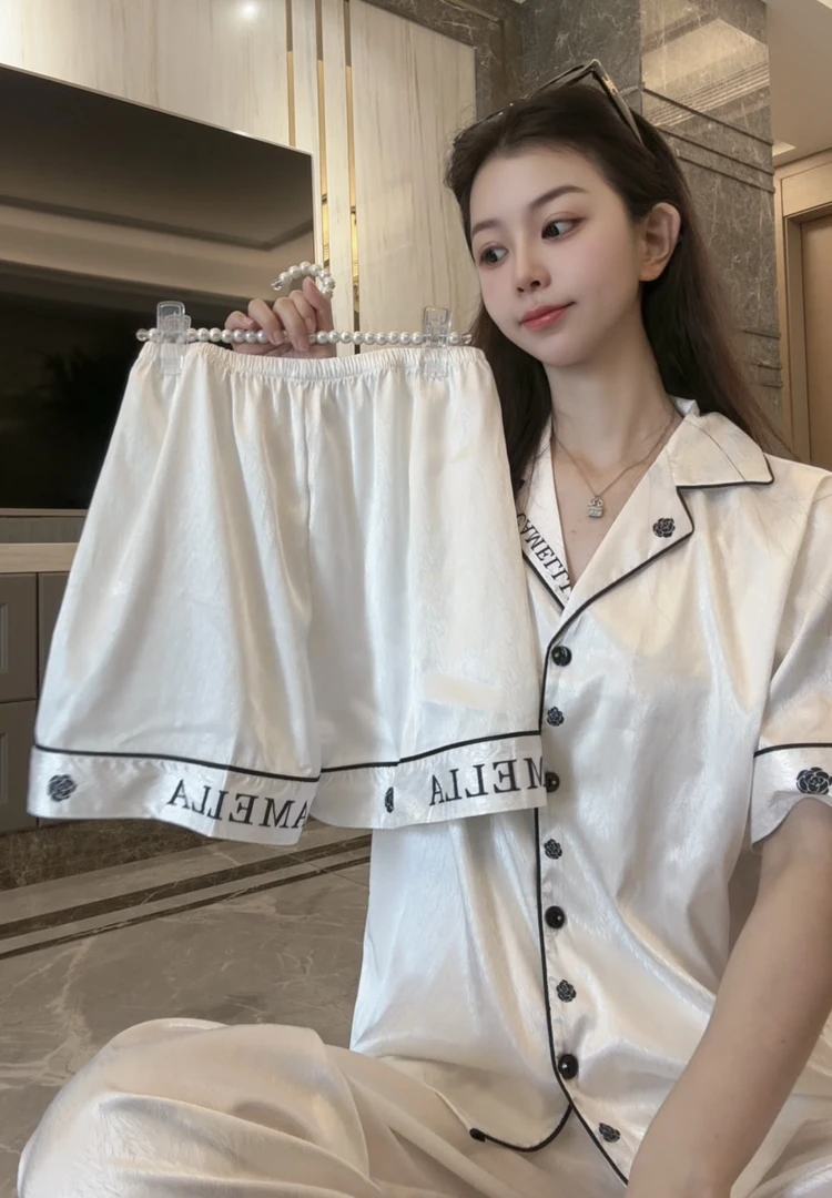 睡衣女款夏季爆款2025新款短袖长裤三件套山茶花轻奢夏季冰丝睡衣