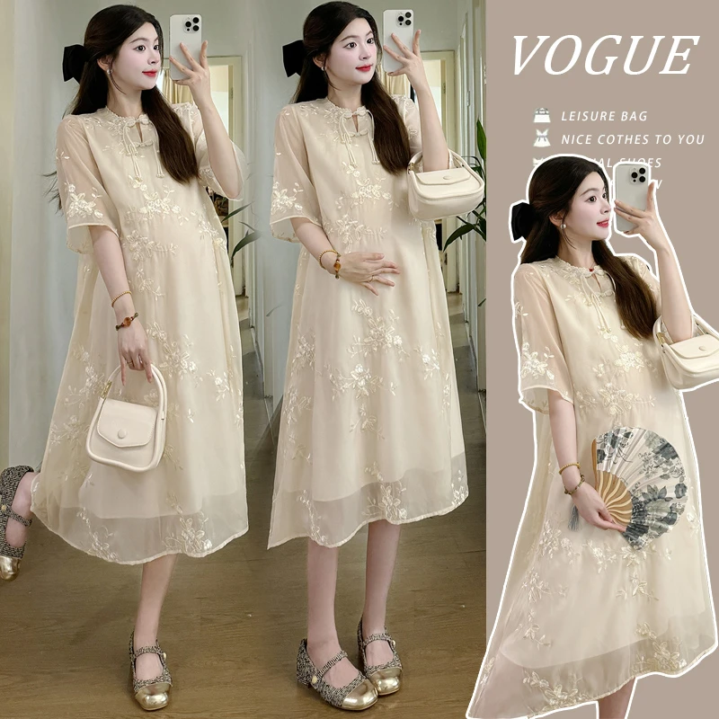 时髦孕妇装新款夏季高端显瘦宽松气质重工刺绣改良汉服时尚连衣裙