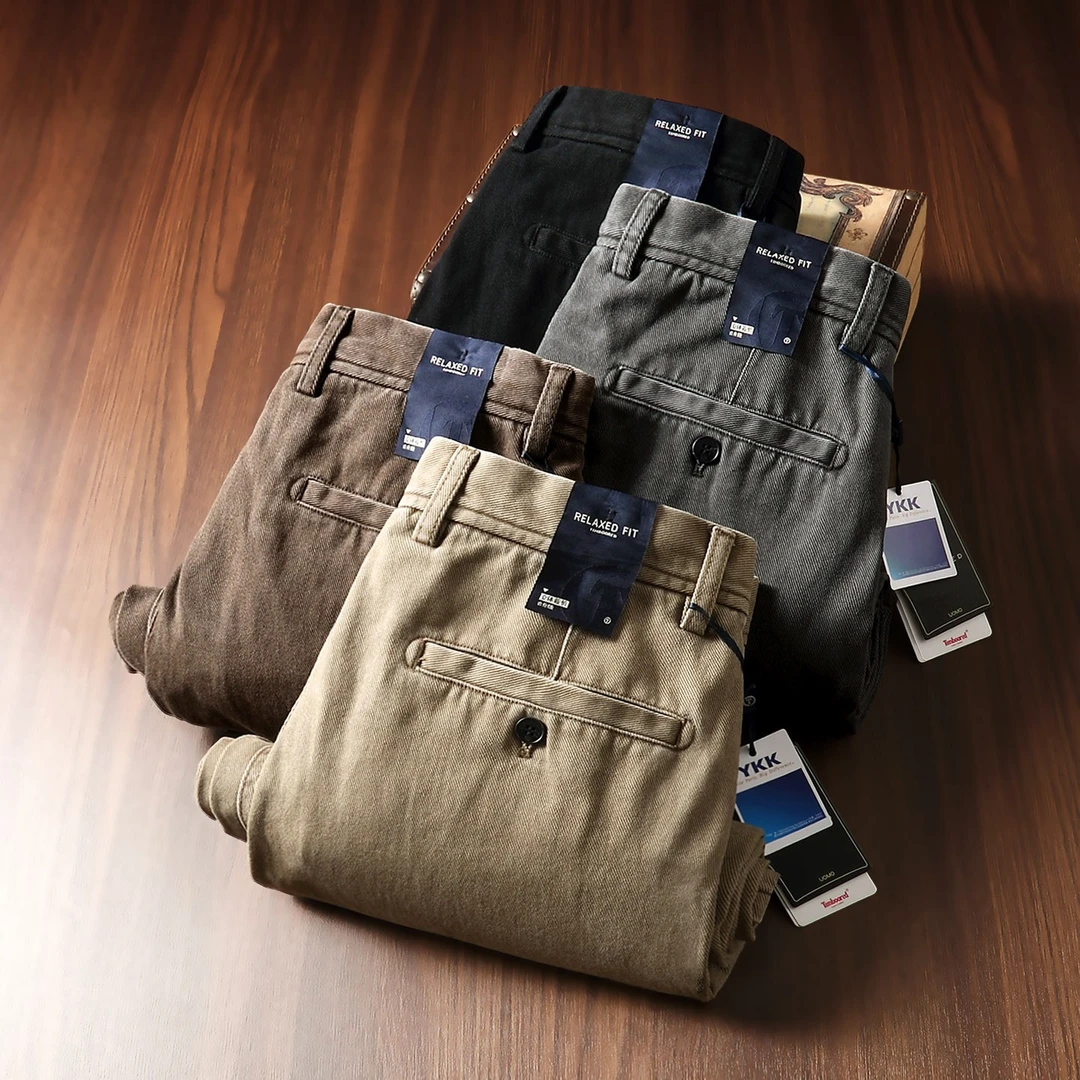 100%棉秋冬厚款男士老钱风美式咔叽复古重磅水洗直筒宽松休闲长裤