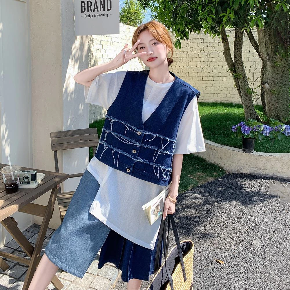 休闲时尚牛仔三件套女2025夏新款不规则内搭毛边马甲撞色短裤套装