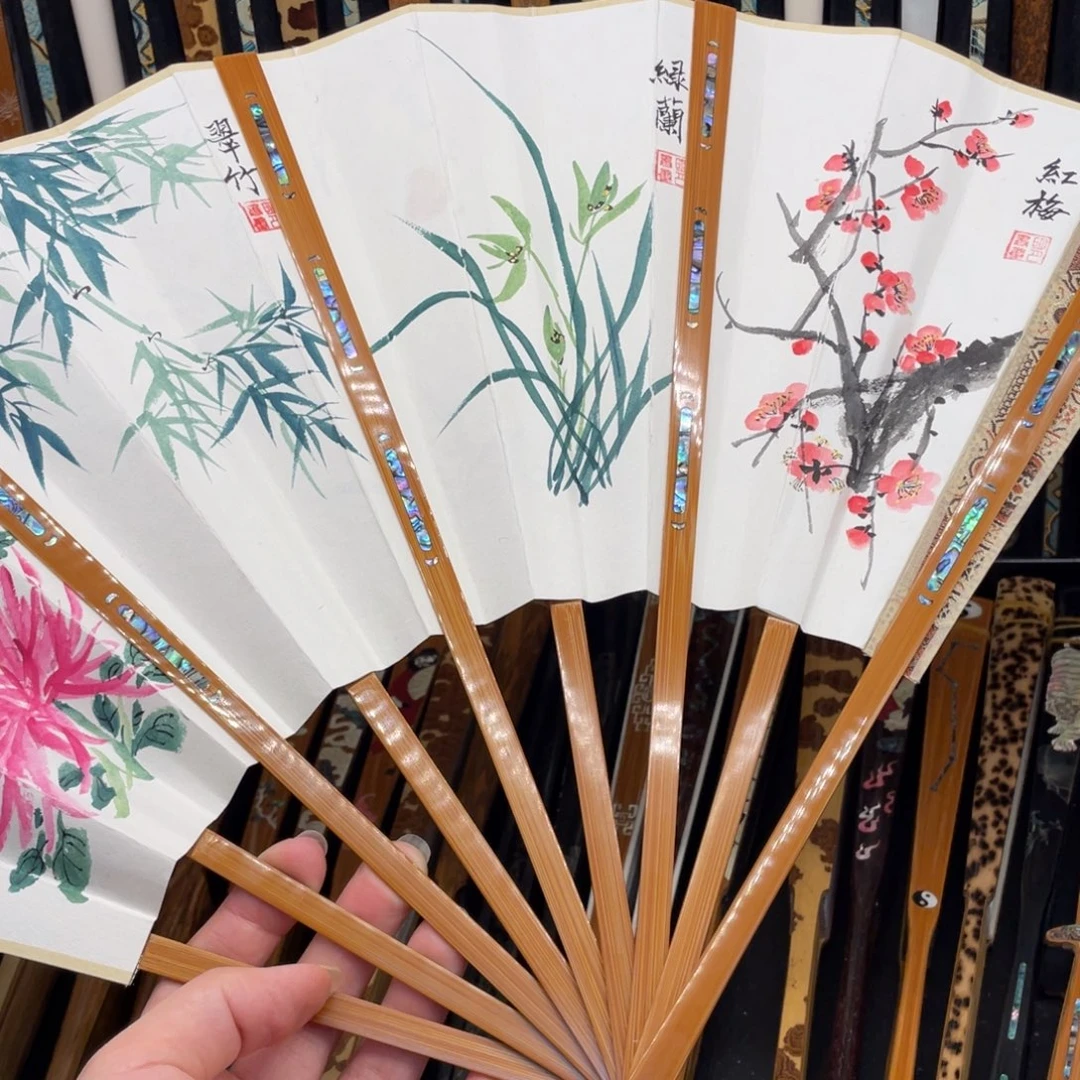 扇子九单螺钿双合配手绘扇面