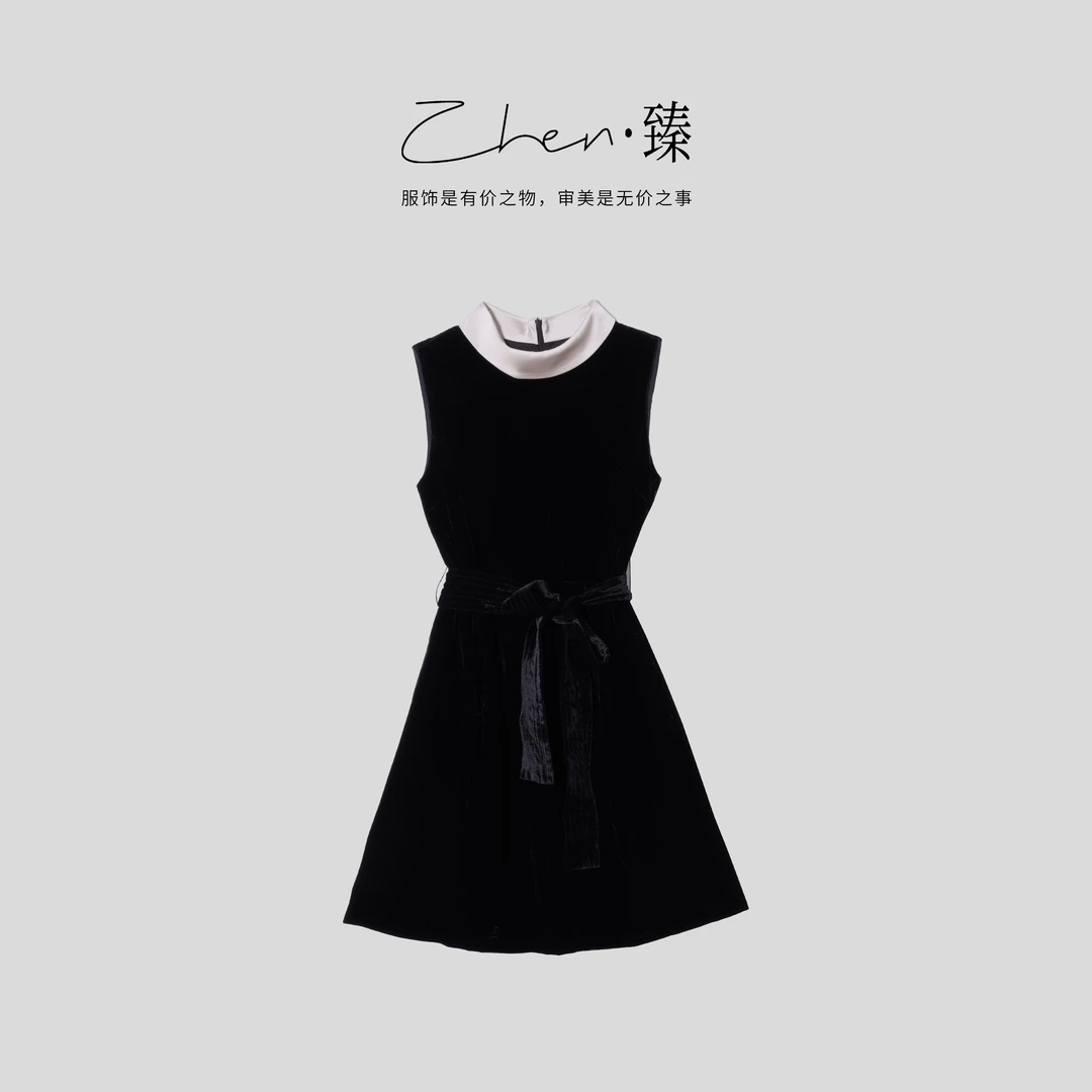 ZHEN.臻 买手店香槟领收腰绑带时尚真丝丝绒背心连衣裙LYQ8991Z