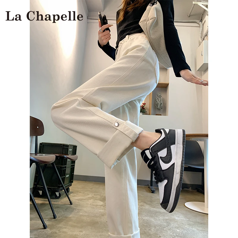 拉夏贝尔杏色阔腿牛仔裤女秋季2025新款高腰卷边显瘦九分裤直筒裤