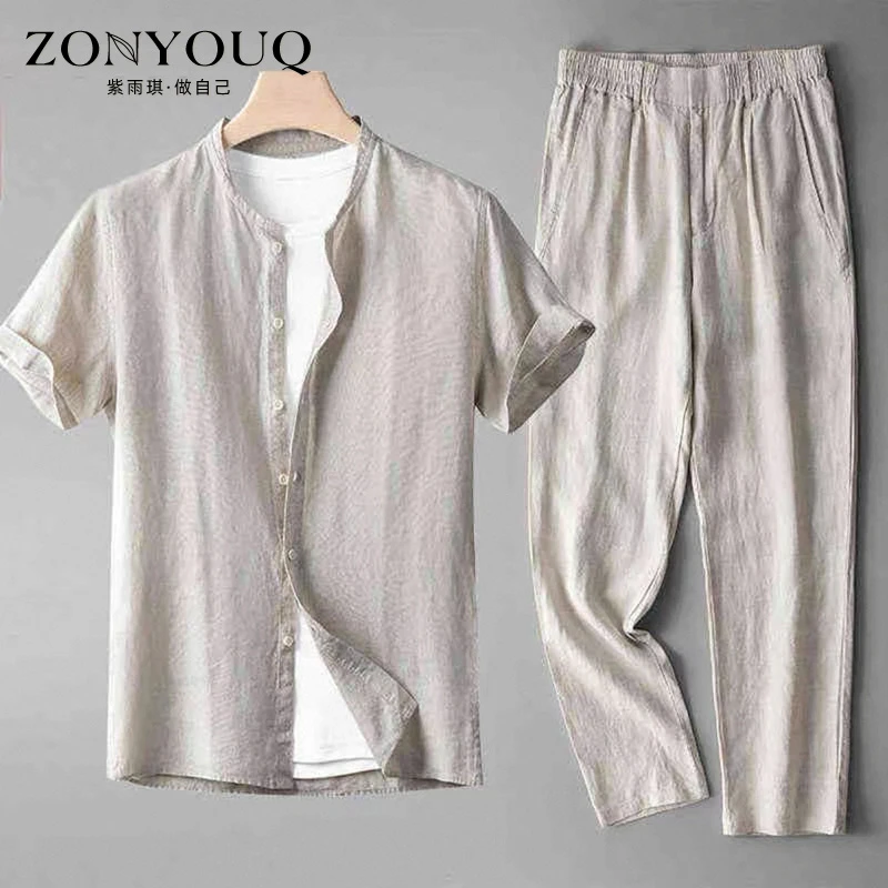 ZONYOUQ时尚套装男士夏季薄款亚麻透气宽松短袖简约百搭直筒裤