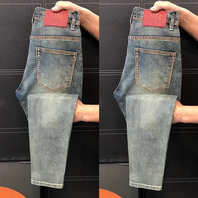 欧货高品质水洗复古蓝色牛仔裤男秋冬新款潮流百搭修身弹力小脚裤