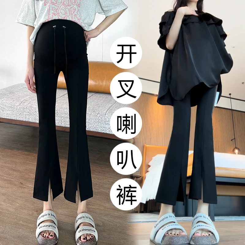 显瘦弹力孕妇九分开叉微喇叭裤夏季洋气抽绳显瘦孕妇鲨鱼裤子