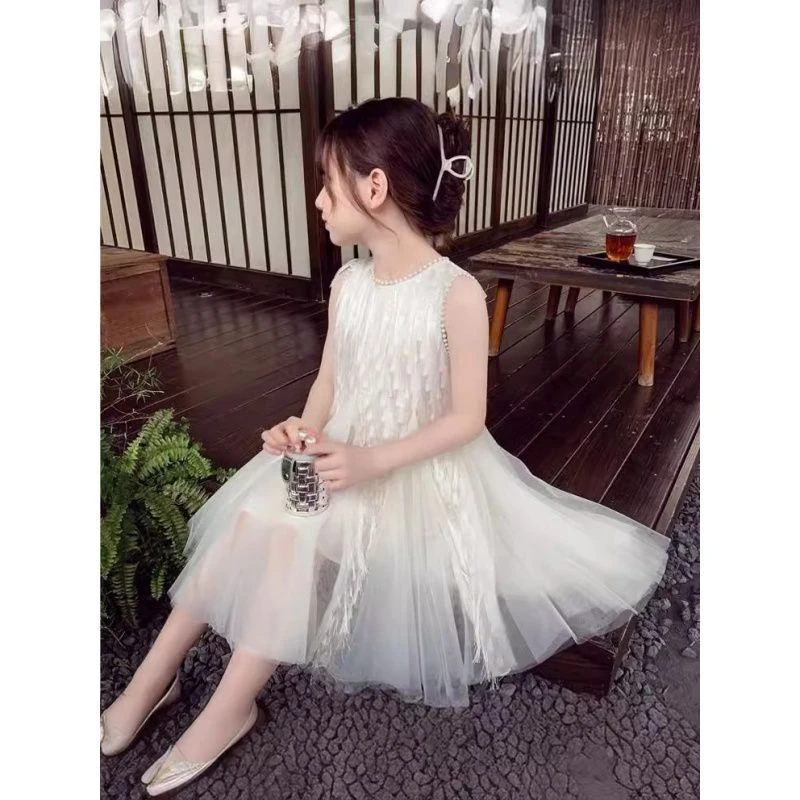 女童连衣裙夏2025新款儿童背心白色童装流苏6-12岁洋气网纱公主裙