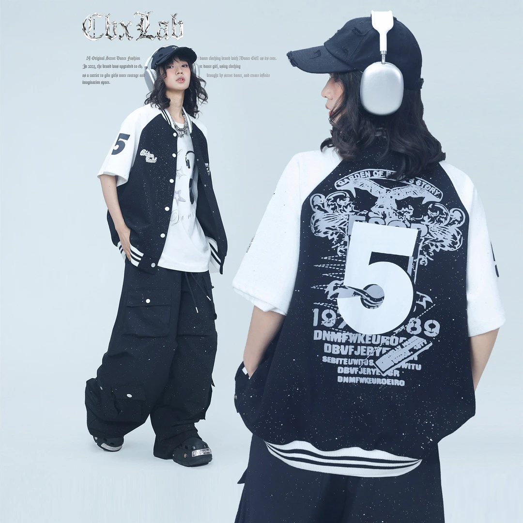 CBXLAB街舞潮牌黑闪漫游撞色棒球服短袖上衣女显瘦休闲小众宽松