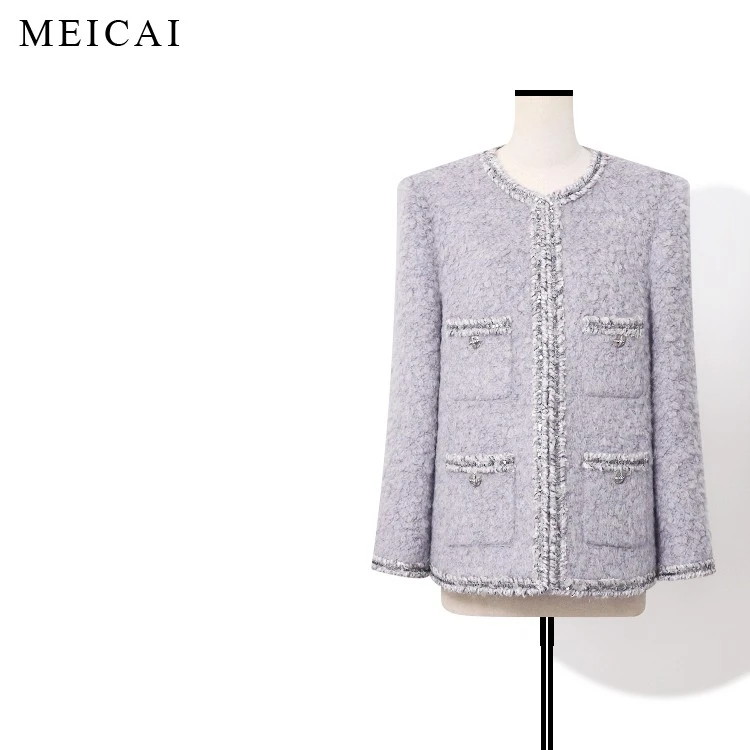 美裁 云朵灰紫调 清冷温柔风高含量羊毛绒感廓形小香风外套