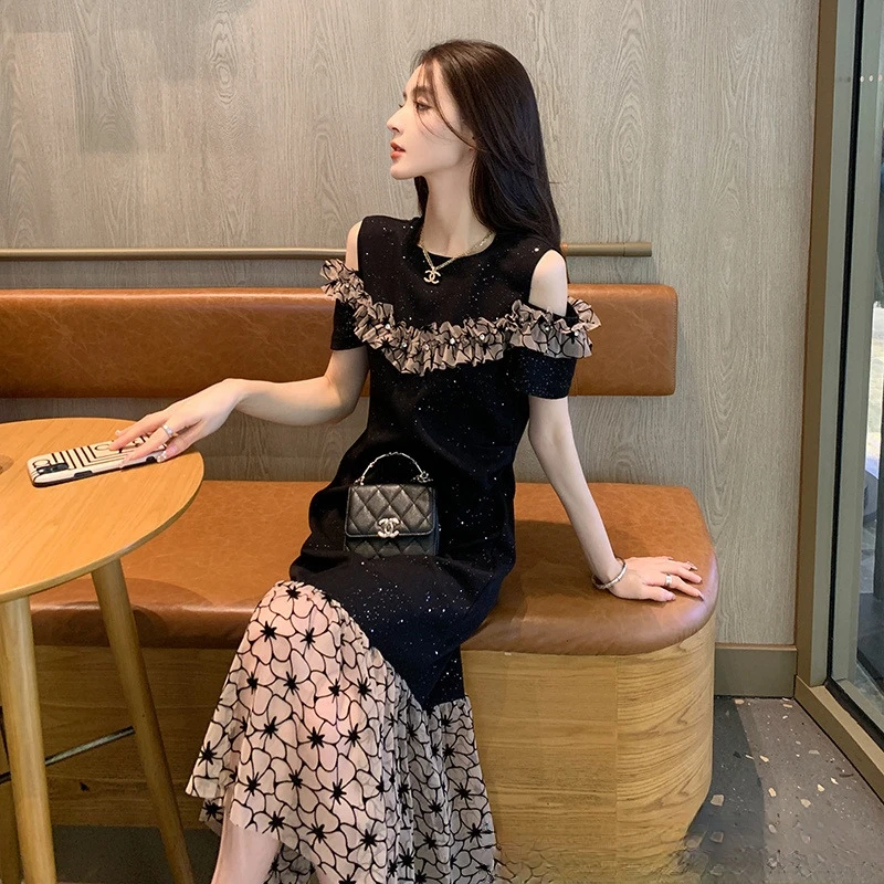 法连衣裙式小香风露肩女夏季2025新款显瘦减龄气质高级感拼接裙子