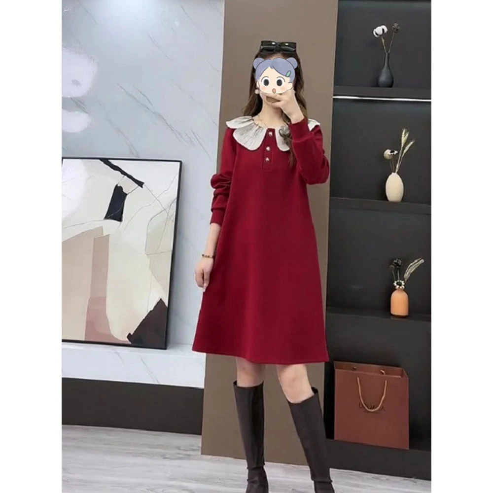 大码娃娃领连衣裙女秋秋新款欧货高端宽松中长打底裙设计感裙子