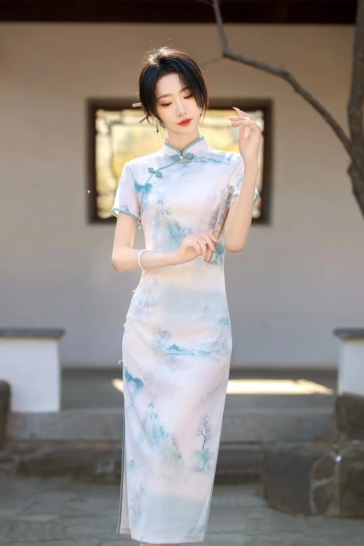 W-2962青山新款蕾丝复合国风新中式夏款年轻款115cm长款女款