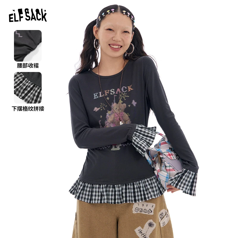 【诗语专属】妖精的口袋格纹恋爱了格纹拼接收腰T恤2025早春百搭