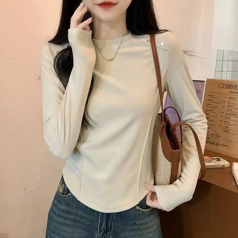 德绒打底衫秋冬季圆领高级感鱼骨修身内搭外穿加厚不规则长袖上衣