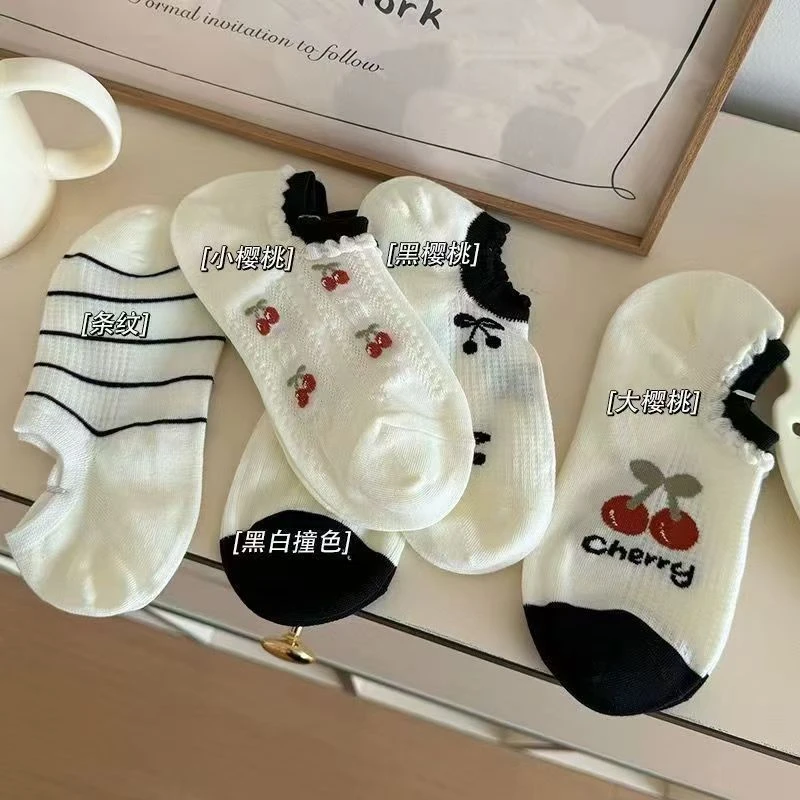 夏季浅口袜子短袜船袜隐形春夏季可爱薄款樱桃透气网眼ins吸汗