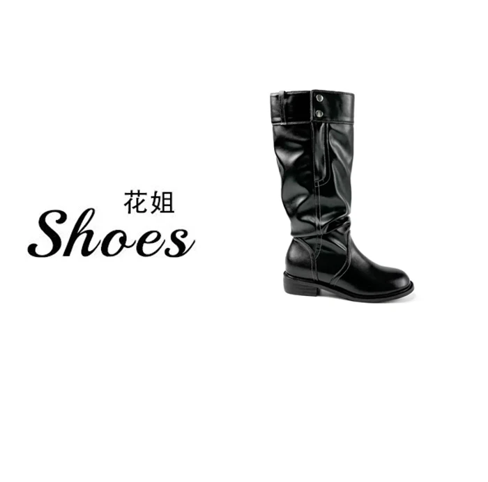 QC300115新款废土风褶皱堆堆靴两穿可翻折长靴粗跟厚底高筒骑士靴