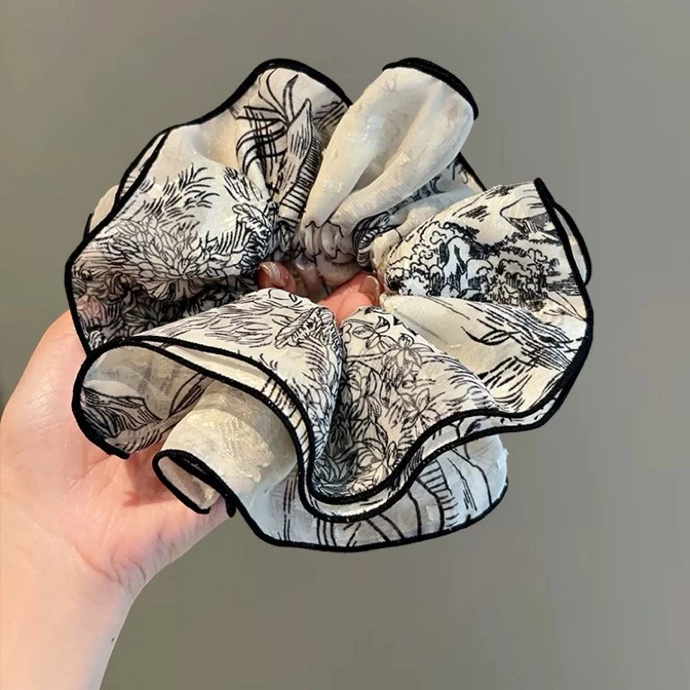 复古水墨晕染四层大肠发圈气质时尚锁边发绳高级感扎发丸子头发饰