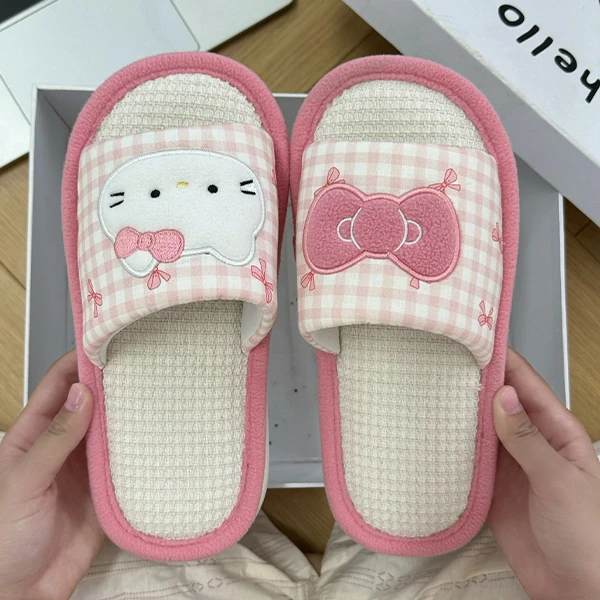 可爱KT猫亚麻拖鞋女款居家外穿吸汗透气防滑软底舒适四季通用凉拖