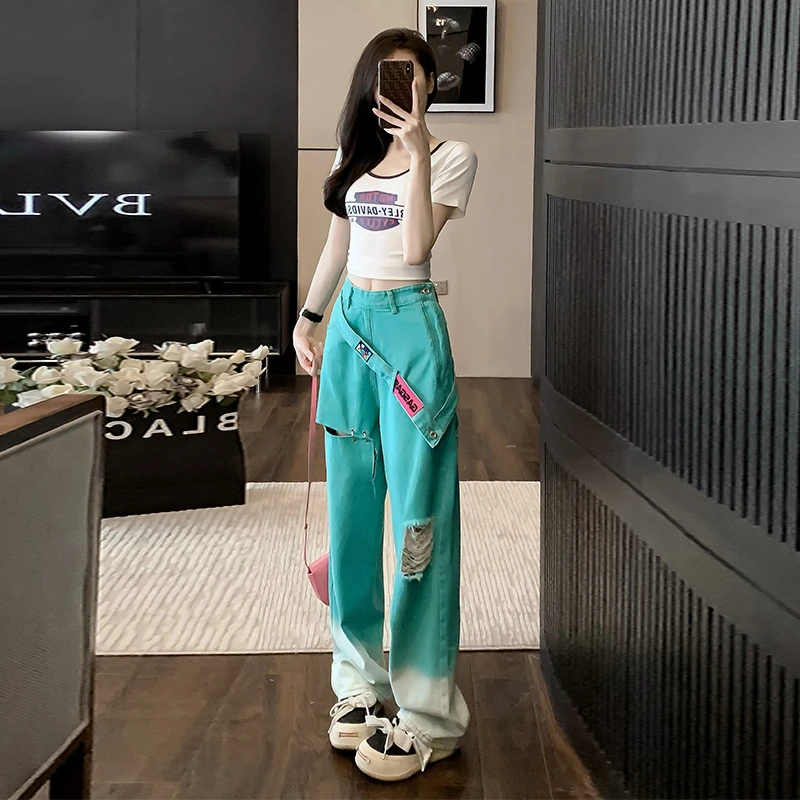 夏日多巴胺休闲运动套装女夏季网红炸街减龄渐变牛仔阔腿裤两件套