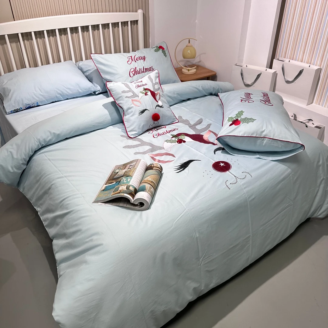 泷宝泰家纺烟灰蓝色纯棉四件套 卡通图案刺绣 外贸床品惊艳自留款