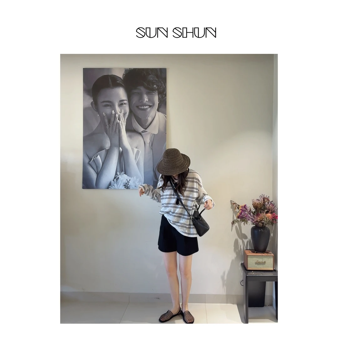 Sanshun- (透感防晒) -夏季T恤条纹带收腰绳宽松显瘦短袖时尚休闲