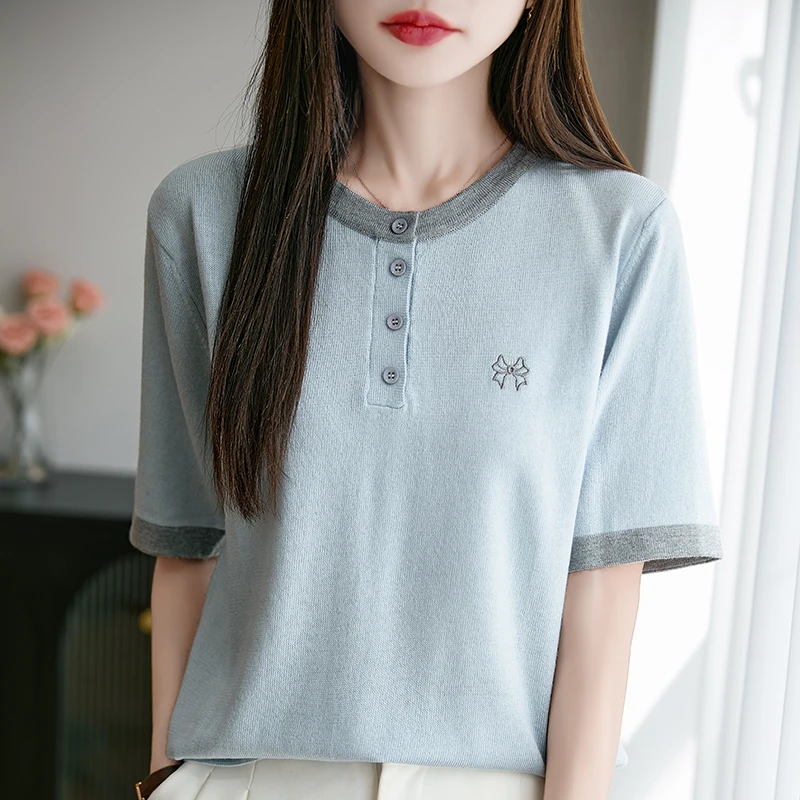 品牌夏季短袖设计感显瘦圆领针织衫女夏季上衣薄款洋气时尚休闲