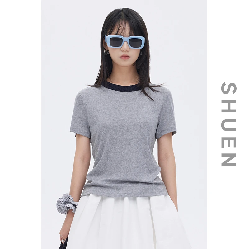 束恩天丝羊毛混纺圆领拼色薄上衣弹力夏季花灰短袖女t恤2025新款