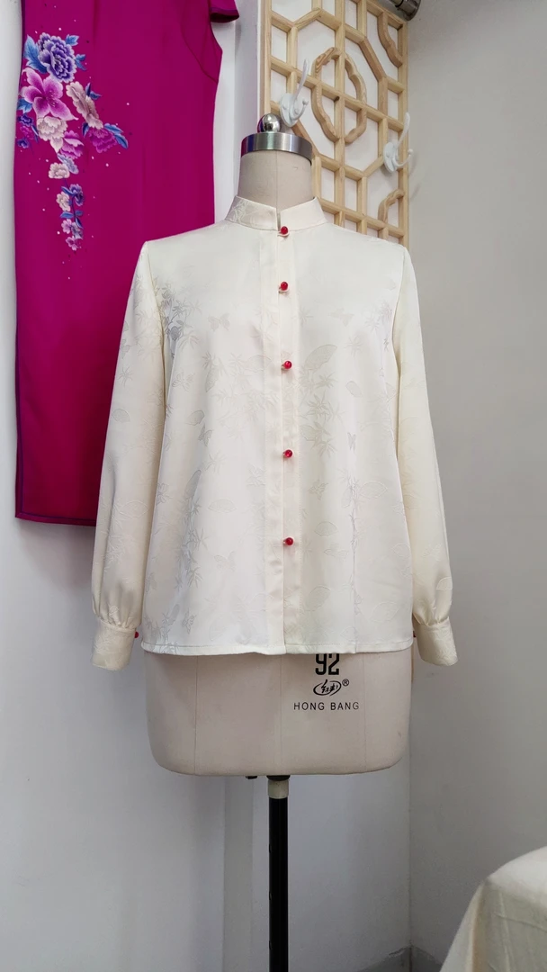 合肥旗袍实体上新醋酸提花面料中式复古优雅旗袍领衬衫