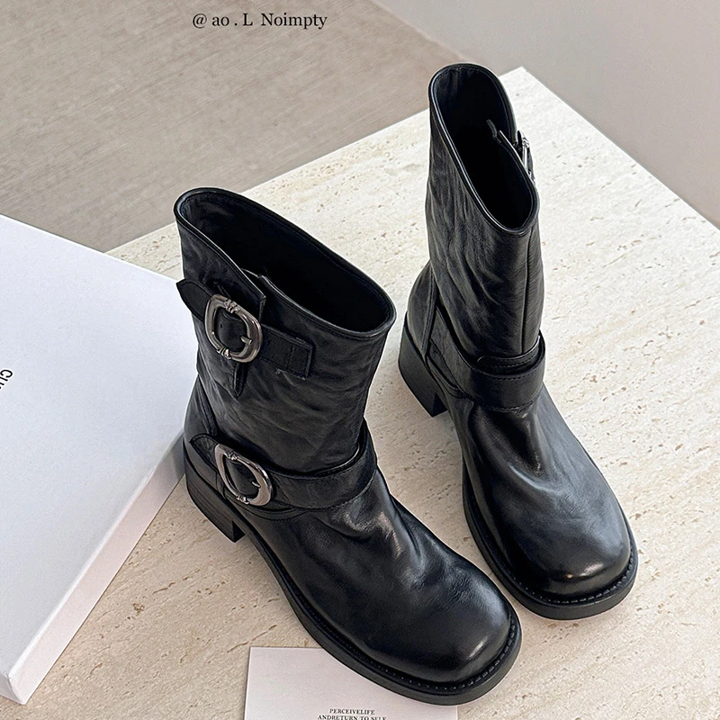 水洗牛皮5cm高跟25新款复古马丁靴圆头短靴欧美皮带扣手工靴子女