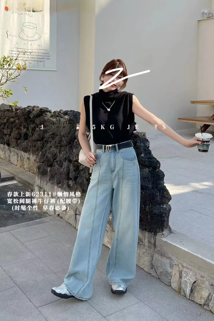 62311-1AQ时尚潮流蓝色微弹牛仔阔腿裤